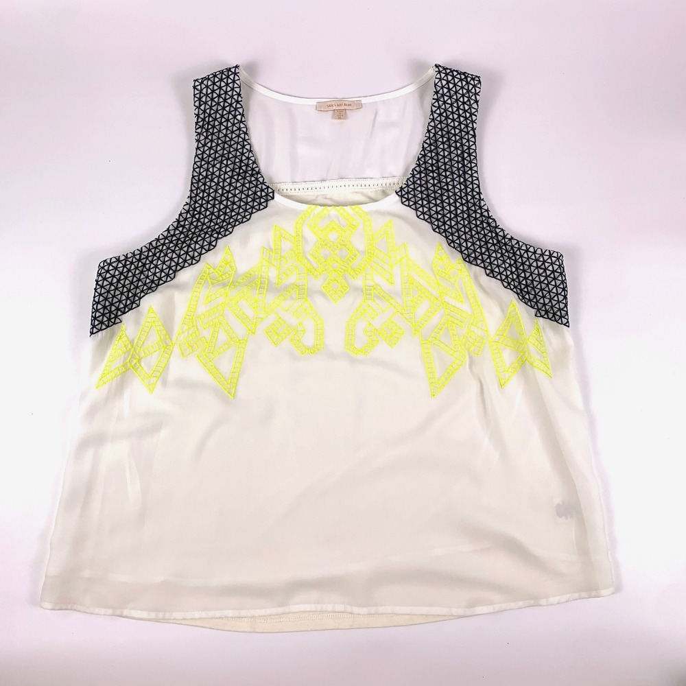 Skies Are Blue Sherry Embroidered‎ Tank Top Womens Sz XL White Navy Yellow Boho